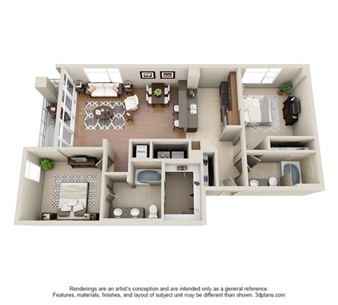 Floor plan for 2 beds, 2 baths, 1287 sqft